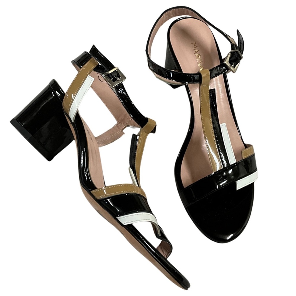 Marisa Rey Black, Tan, and White Patent Leather Sandal, New in Box - Picture 2 of 8